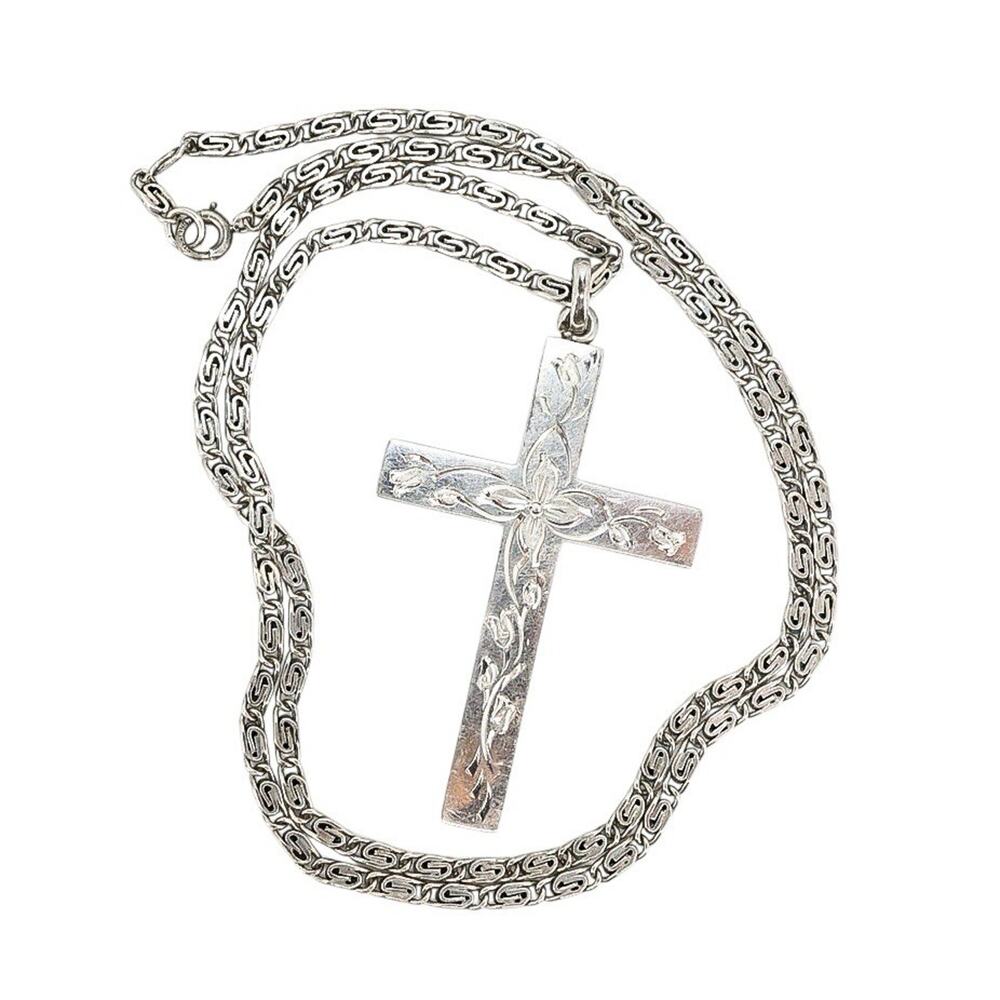 Antique Protestant Cross Pendant & Chain Necklace Signed Ballou Sterling Silver
